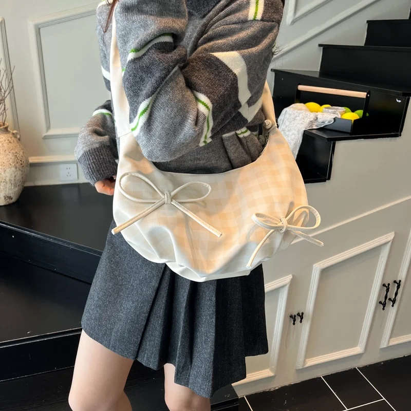 Niche Soft Ruched Zipper Bags 2026 New Summer Plaid Half Moon All-Match Shoulder Underarm Korean Style Commuter Handheld Small