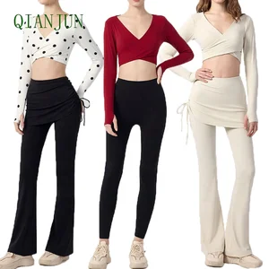 Long Sleeve Crop Top for Women Deep V Neck Yoga Top High Waist Drawstring Yoga Pants Training Sports Tracksuit