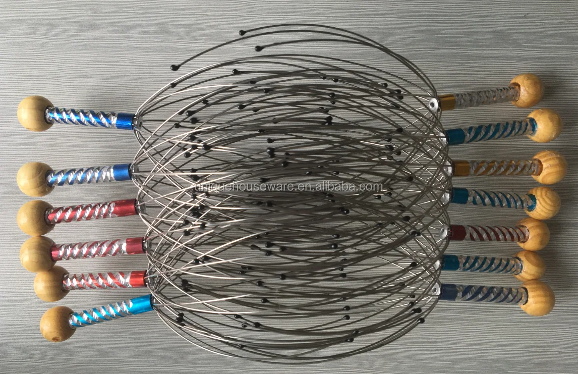 Scalp Massager Hand Held Therapeutic Head Scratcher Steel Wire Head Massager With Wooden Handle