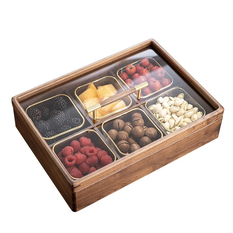 BSCI Factory Custom Chinese Style Nuts Trays With Compartments Walnut Wooden Serving Tray for Snacks