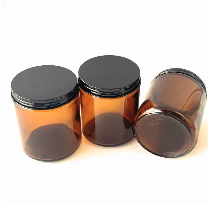 8 OZ Thick Amber Round Glass Jars with Black Metal Lids Empty Candle ...