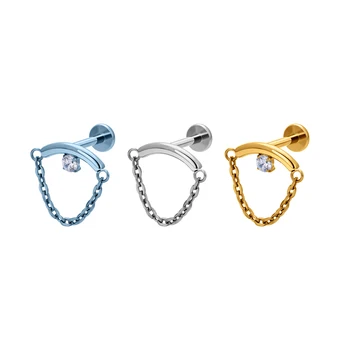 ASTM F136 Titanium Piercing 16G Ear Stud with Curved bar Clear CZ Stone With Chain Women Piercing Earring Wholesale Jewelry