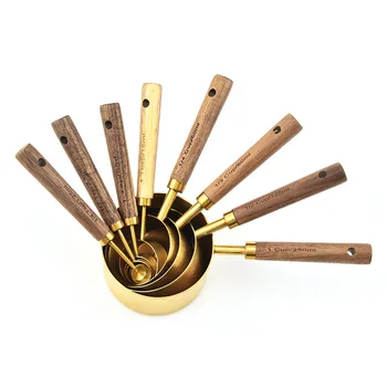 Set De 8 Tasses Et Cuillères à Mesurer - Acier Inoxydable Avec Manche En Bois, Mesures Métriques Et US Pour Cuisine - 2