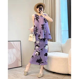 2026 Summer New Elegant Lazy Miyake Top Pleated Skirt Women's Casual Two-Piece Set Floral Satin Woven Plain Dyed Technique