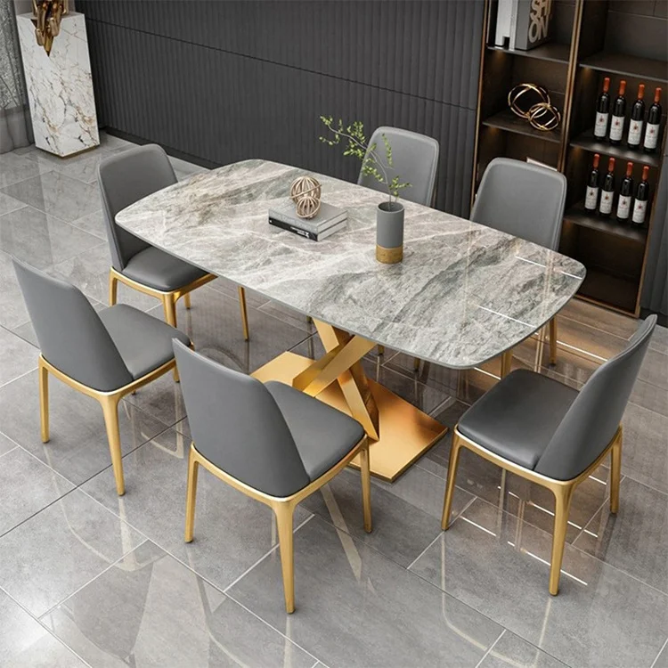 Modern Style Dining Tables with Chair Steel Base Home Furniture Marble Top Luxury Dining Table Set