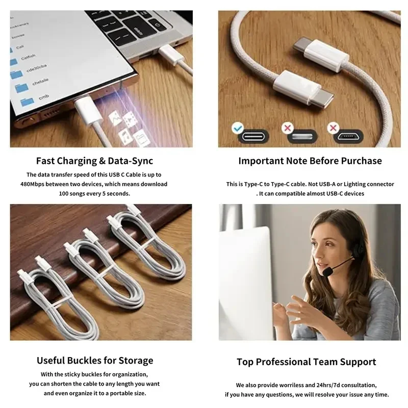 60W PD USB C Fast Charging & Data Transfer Cable for Lap, Tablet, Smartphone