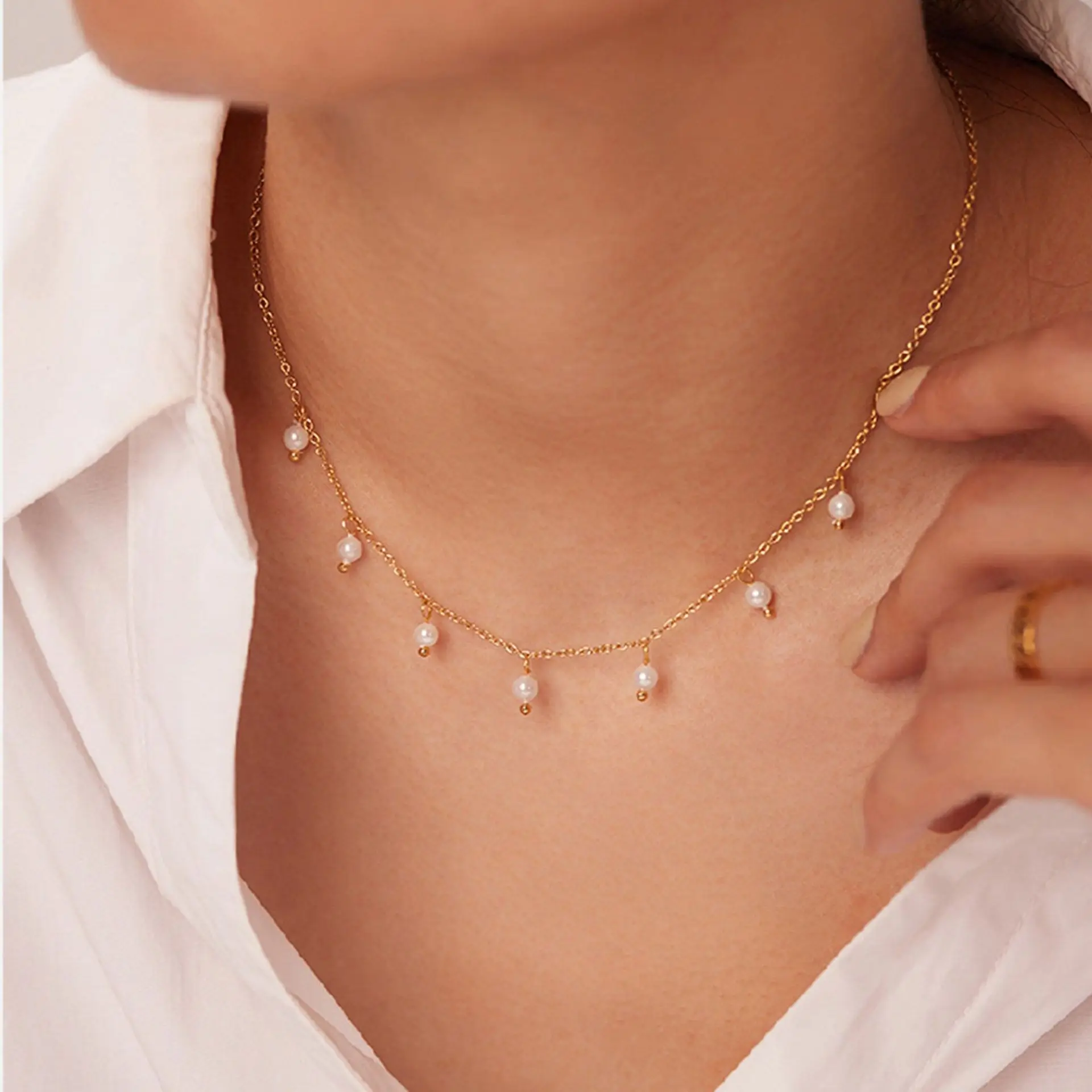 European American Cross-Border Pearl Necklace Women High-End Niche Versatile Stainless Steel Plated 18K Gold Small Pearl Bamboo