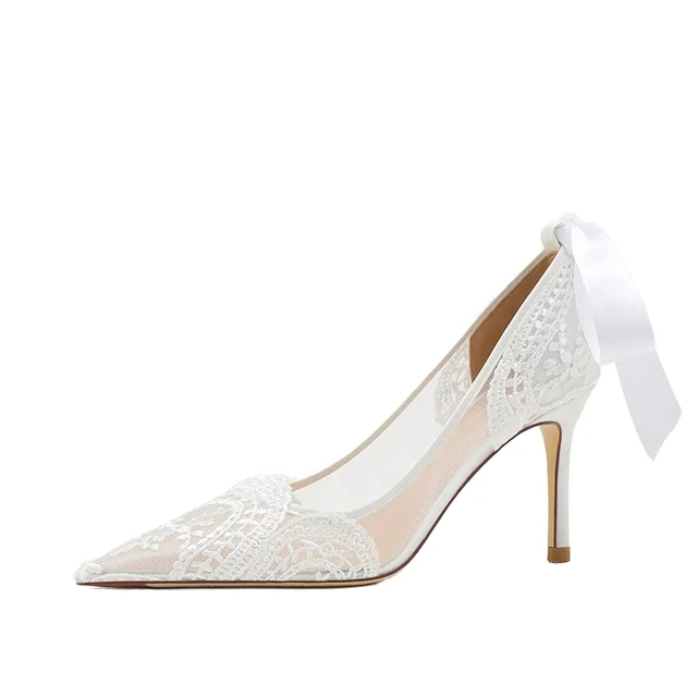 2025 Lace Summer Mesh Stiletto Heels White High Heels Women's High Heel Sandals Wedding Shoes for Bride Women Shoes