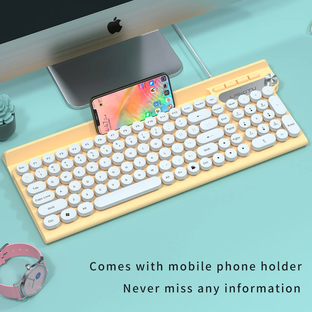 Keyboard Mouse Combos Round Keycaps Retro Punk Typewriter Style Silent USB Wired Gaming Keyboard for PC Laptop Desktop Computer