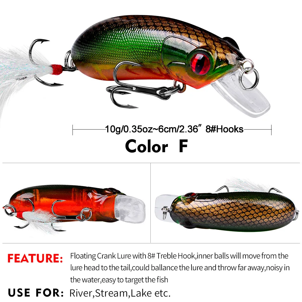 10PCS Internal Coloring Floating Fishing Lures Bass CrankBait 6cm