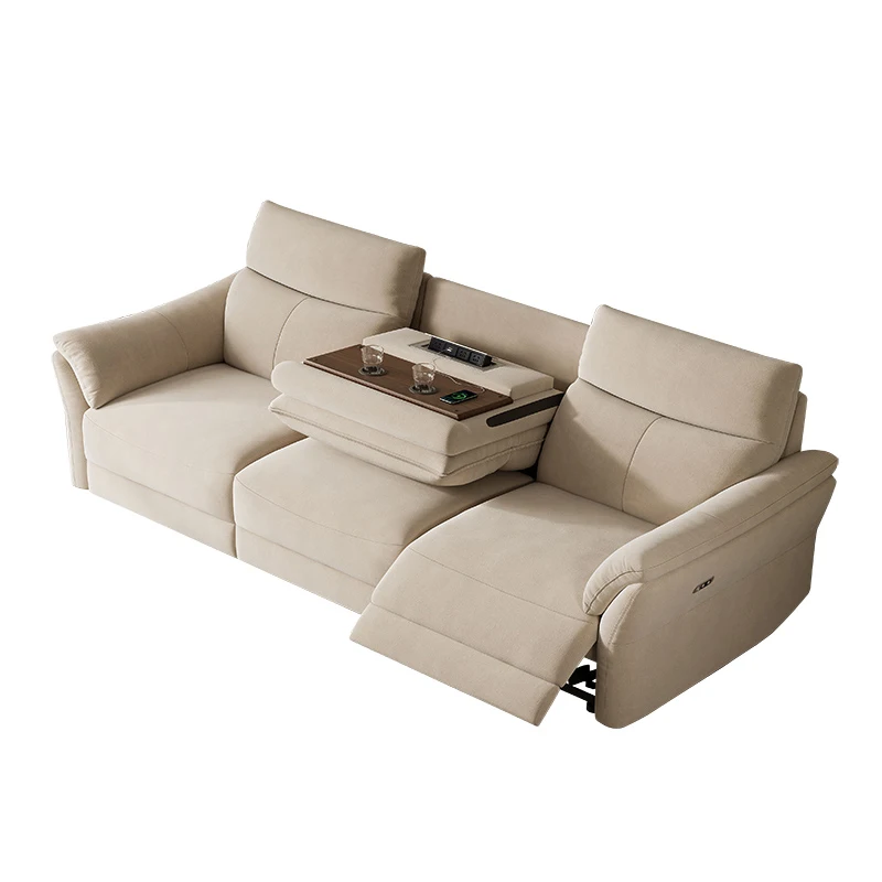 Modern Simple Small Space Living Room Recliner Electric Sofa Smart with Cup Holder with USB 3 Seater Khaki Fabric Recliner Sofa