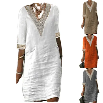 2024 European American women's spring summer new solid color V-neck mid-sleeve cotton linen dress women
