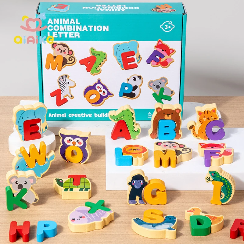 大型動物 木製アルファベットマッチングパズル ブロックゲーム 幼児教育知育玩具 対象年齢2〜4歳 幼稚園向け