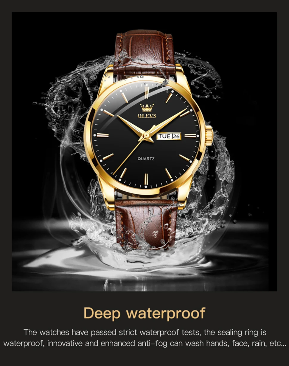 OLEVS 6898 Leather Quartz Watch Mens Watches Fashion Watch Men for Male Auto Date Rose Gold Shell Relogio Masculino