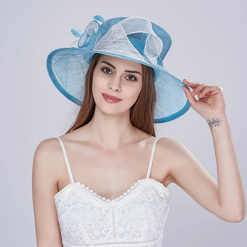 Ladies Sky Blue Sinamay Wide Brim Church Hat for Kentucky Derby display picture 1