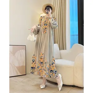Stylish Casual Mother Dress Women's Autumn New Overcoat Loose Pleated Natural Waistline Front Logo Floral Print Midi Dress