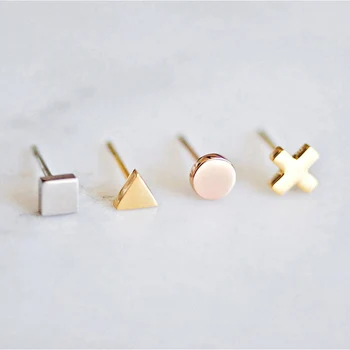 Minimalist Ear Silver Gold color 4MM Square Round Triangle Cross Heart Shape Stainless Steel Stud Earrings