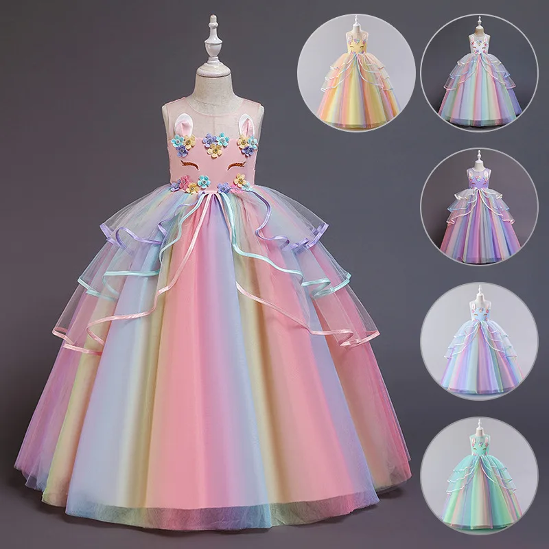Kids Unicorn Girl dresses Flower Appliques Princess Dresses Children Wedding Birthday Party Costume Evening Formal Gown 0