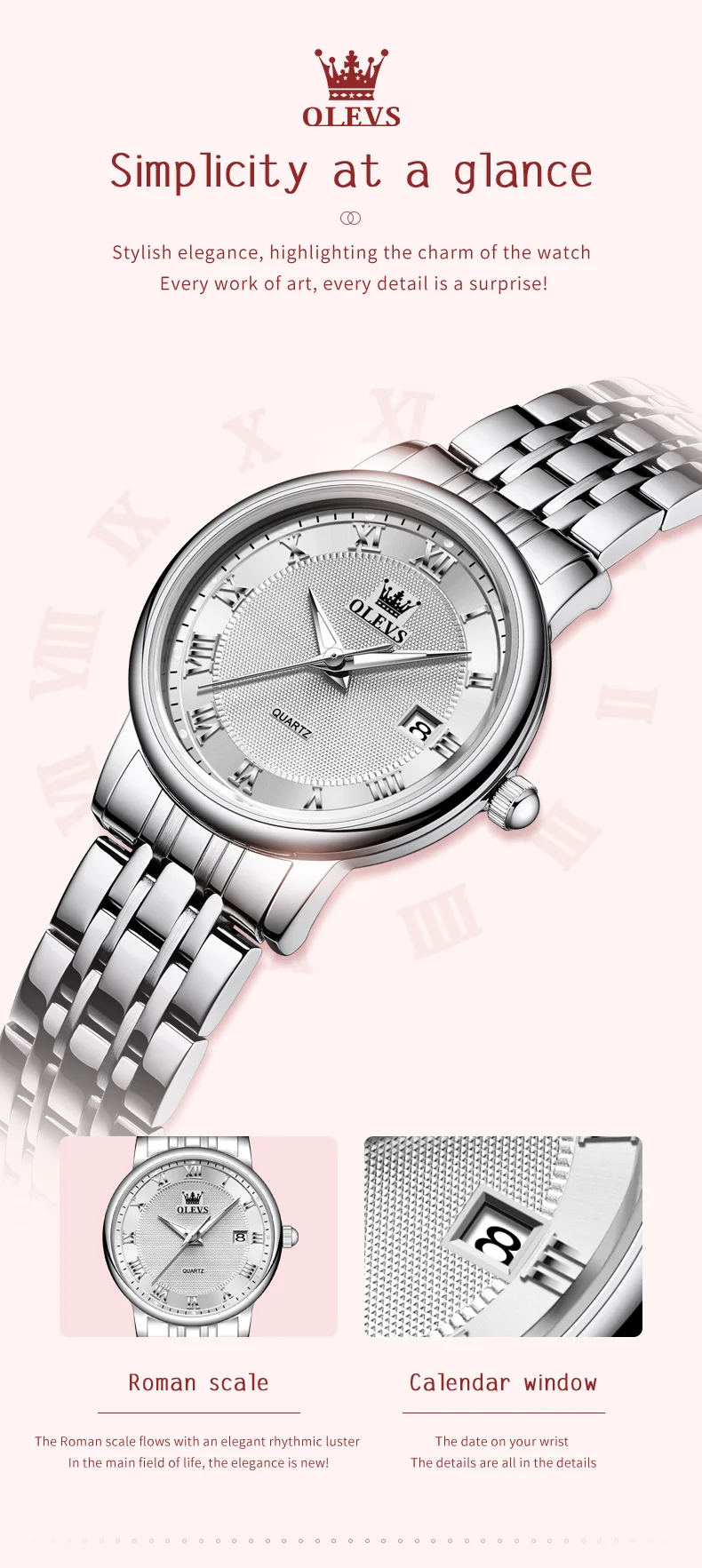 OLEVS 5611 Women's Watches Elegant Fashion Original Quartz Watch for Lady Roman Dial Waterproof Stainless Steel Luminous Watches