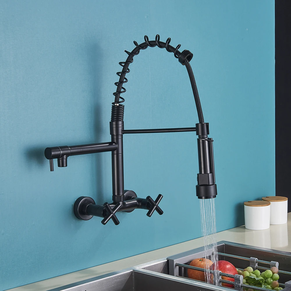 Rozin negro grifo de cocina doble de agua frÃa caliente cocina grifo mezclador montado en la pared de doble caño giratorio primavera baja grifos
