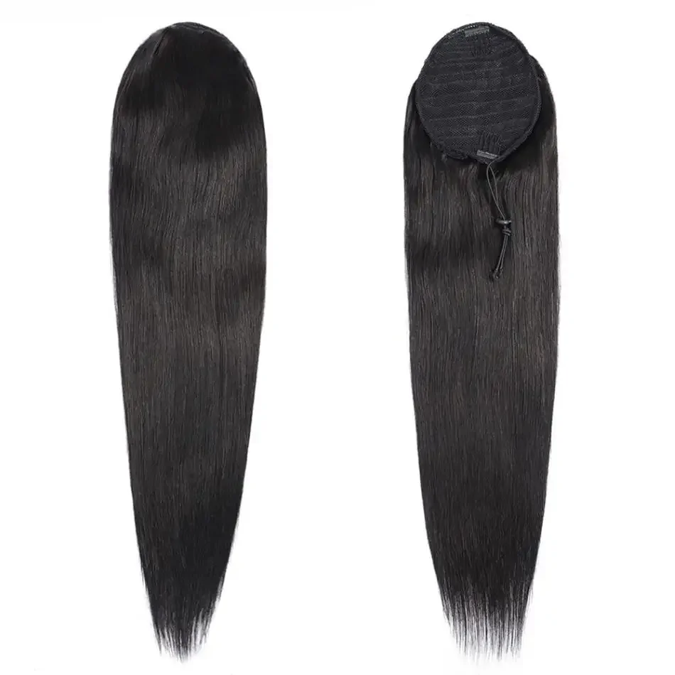Drawstring Ponytail Straight Remy Human Hair Brazilian Hair Ponytail With Clips 1 Piece Natural Black 16-26 Inch Women Hairpiece_voghion.com