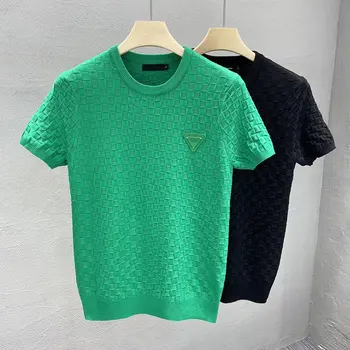 2022 Fashion Short Sleeve Sweater T Shirt Men's Slim Fit Half Sleeve Plaid Knit Sweater Waffle knit t-shirt