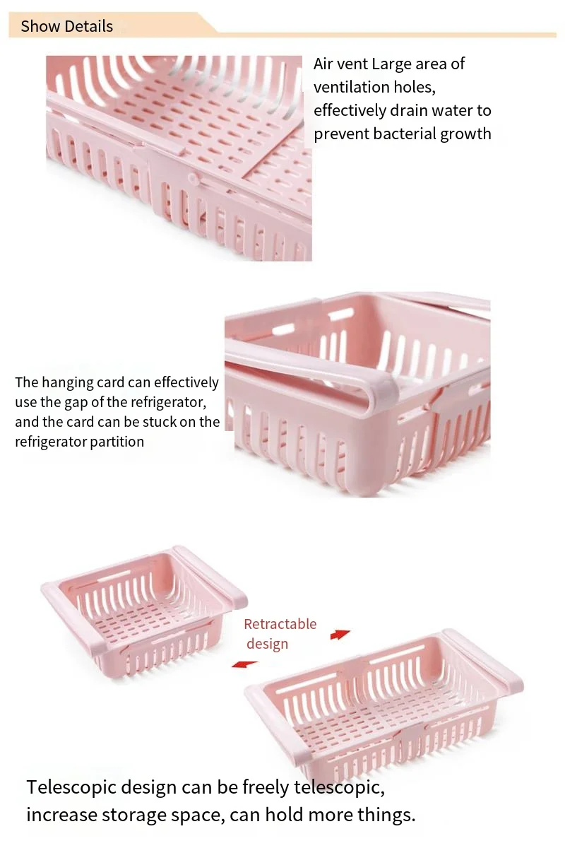 Refrigerator retractable storage basket drawer storage shelf crisper freezer box details