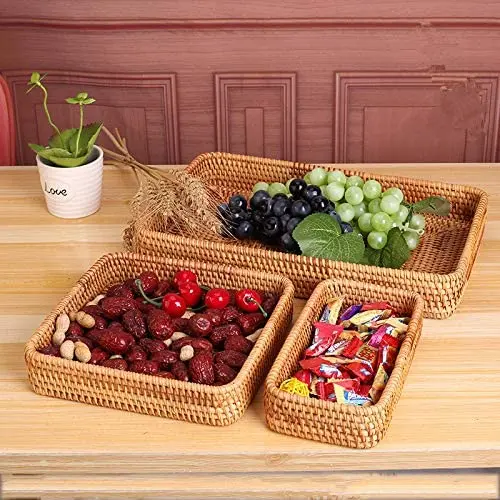 3 Set Rattan Tray Multi Purpose Adjustable Cutlery Bamboo Storage Trays for Bathroom Top