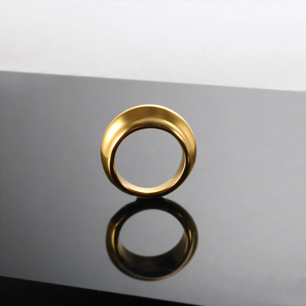 Men Simple Design Round Shape Gold Color Waterproof Korean Ins Street Style Concave Convex Arc Ring Customize Name Rings