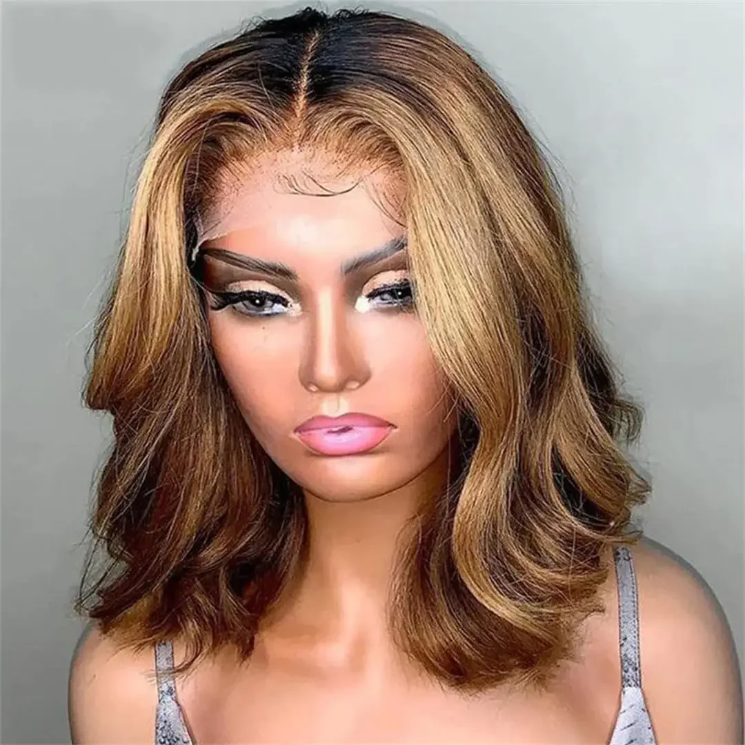 Bob-Perücke P4/27, Honigblond, Spitze vorne, Echthaar, lockig, vorgezupft, Babyhaar, gewellt_voghion.com