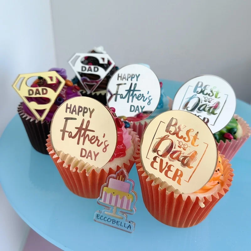 6 Topper Per Cupcake In Acrilico Oro - Festa Del Papà, Compleanni E Celebrazioni - Decorazioni Artigianali