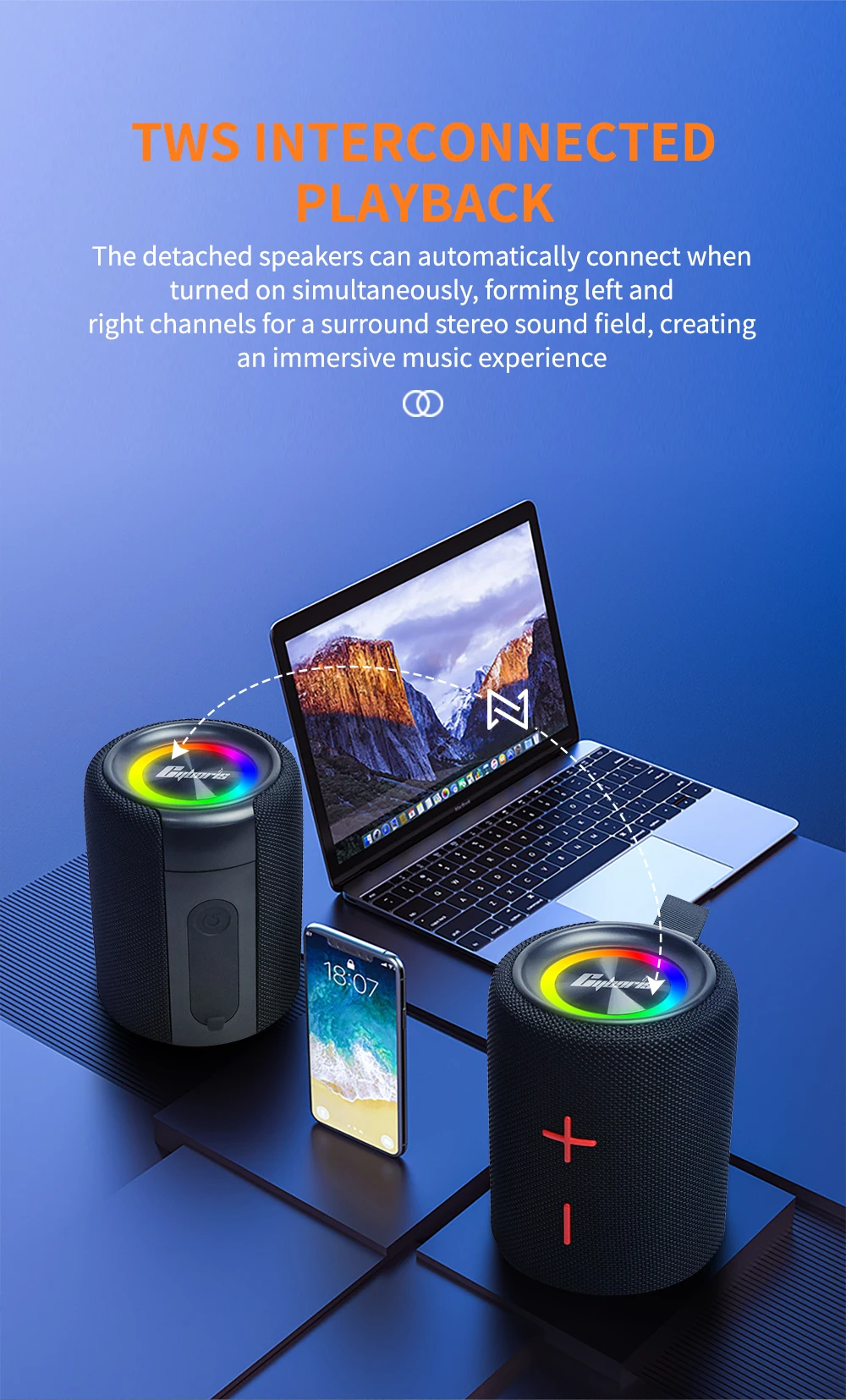 2合1便携式分体式40w无线扬声器，IPX6防水便携式双扬声器，带RGB灯TWS配对，适用于户外、家庭