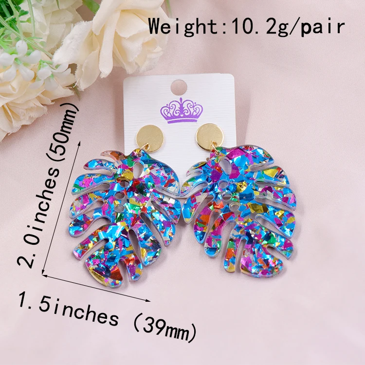 ERS180ER1317 New Design Handmade Monstera Leaf Acrylic Jewelry Earrings Women's Tropical Palm Party Plastic Main Blank Setting details