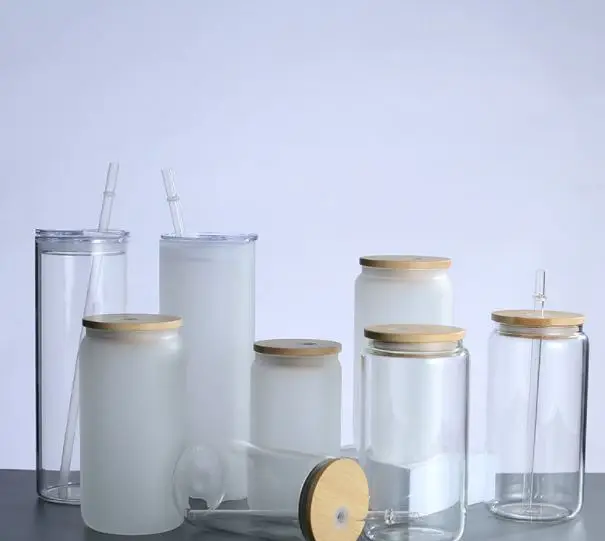 Coffee Beverage Beer Sublimation Glasses Glass Can With Bamboo Lid and ...