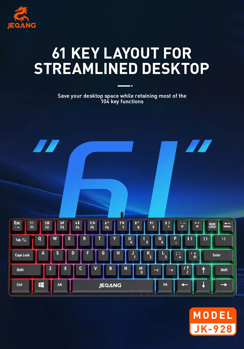 Jeqang JK-928 Mini Wired RGB 61-Keys Keyboard New Product Scissor Operation Style for Gaming or Office