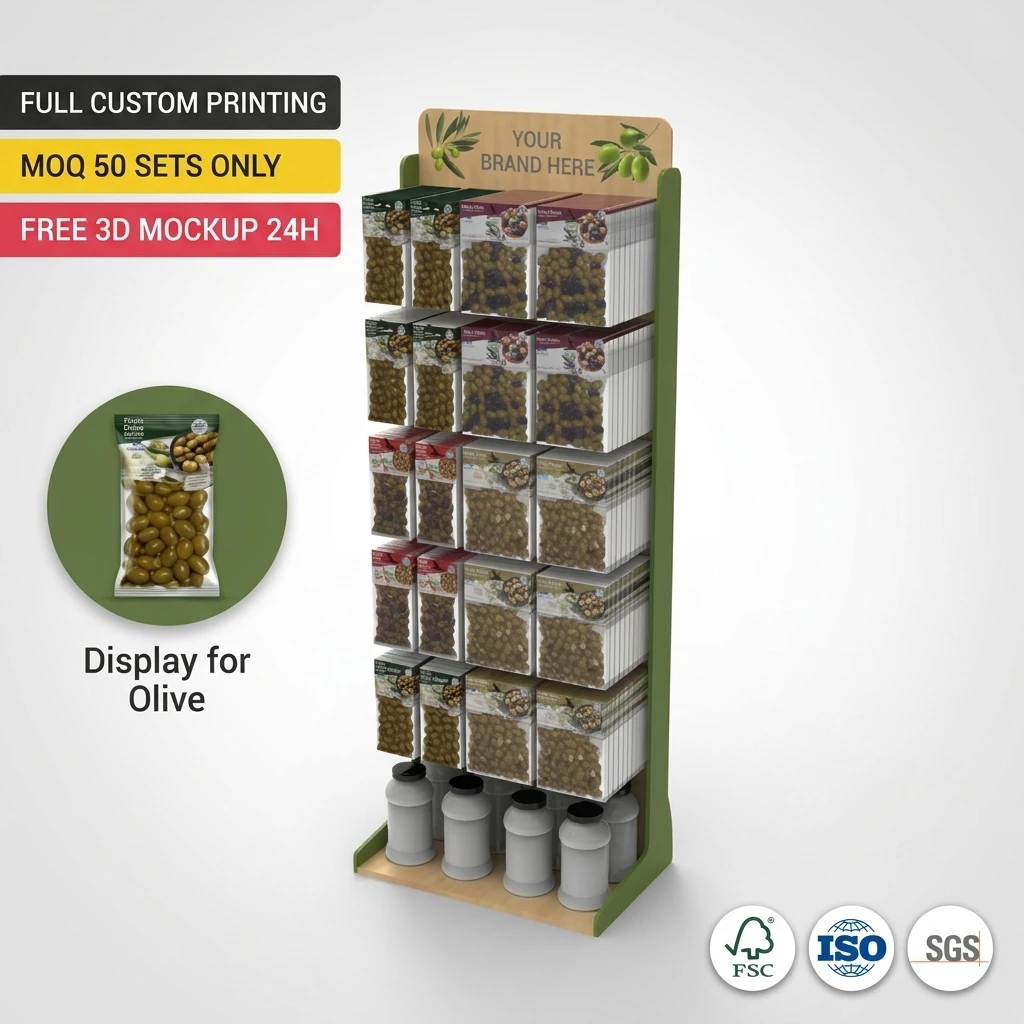 Wooden Olive Floor Display Stand with Hooks for Supermarket Retail Shelves for Grocery/Kitchen Stores and Food& Candy&Snack