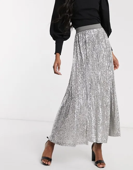 Custom Designed Grey Maxi Wrap Skirt No Shrink No Pilling Pleated Sequin Sustainable Knitted Fabric Natural Customer Label