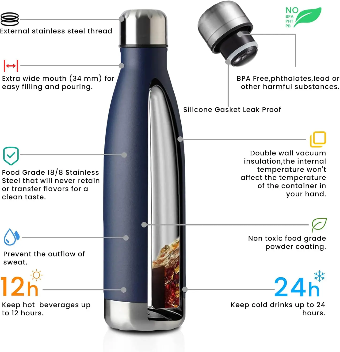 Borraccia Sportiva In Acciaio Inox 500ml – Termica A Doppia Parete – Colori UV (Blu, Rosso, Oro)