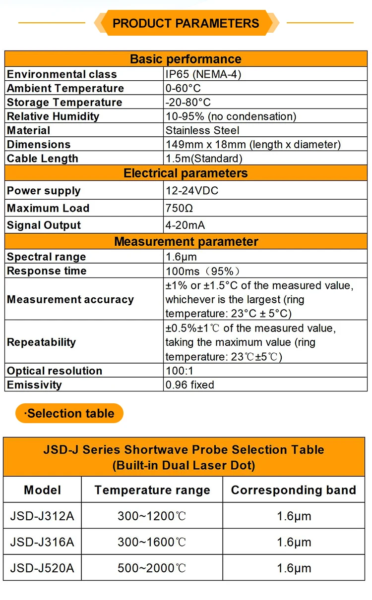 KASINTON JSD-J520A 500~2000℃ Online Short-wave Infrared Precision Millisecond Response Temperature Sensor manufacture