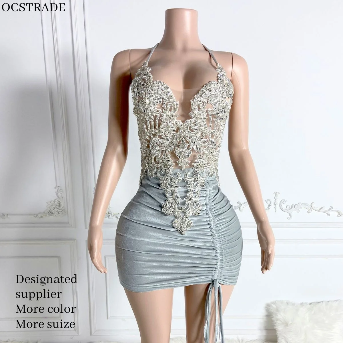 Ocstrade Irregular Silver Diamond Halter Neck Party Dress