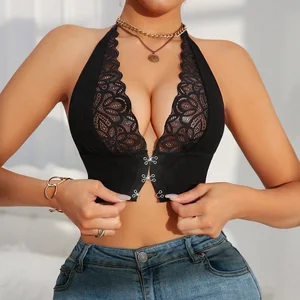 Manufacture Fashion Design Lace Floral Women's Push Front Open Bra Sexy Wire-Free Adjusted-Straps Breathable Knitted for Adults