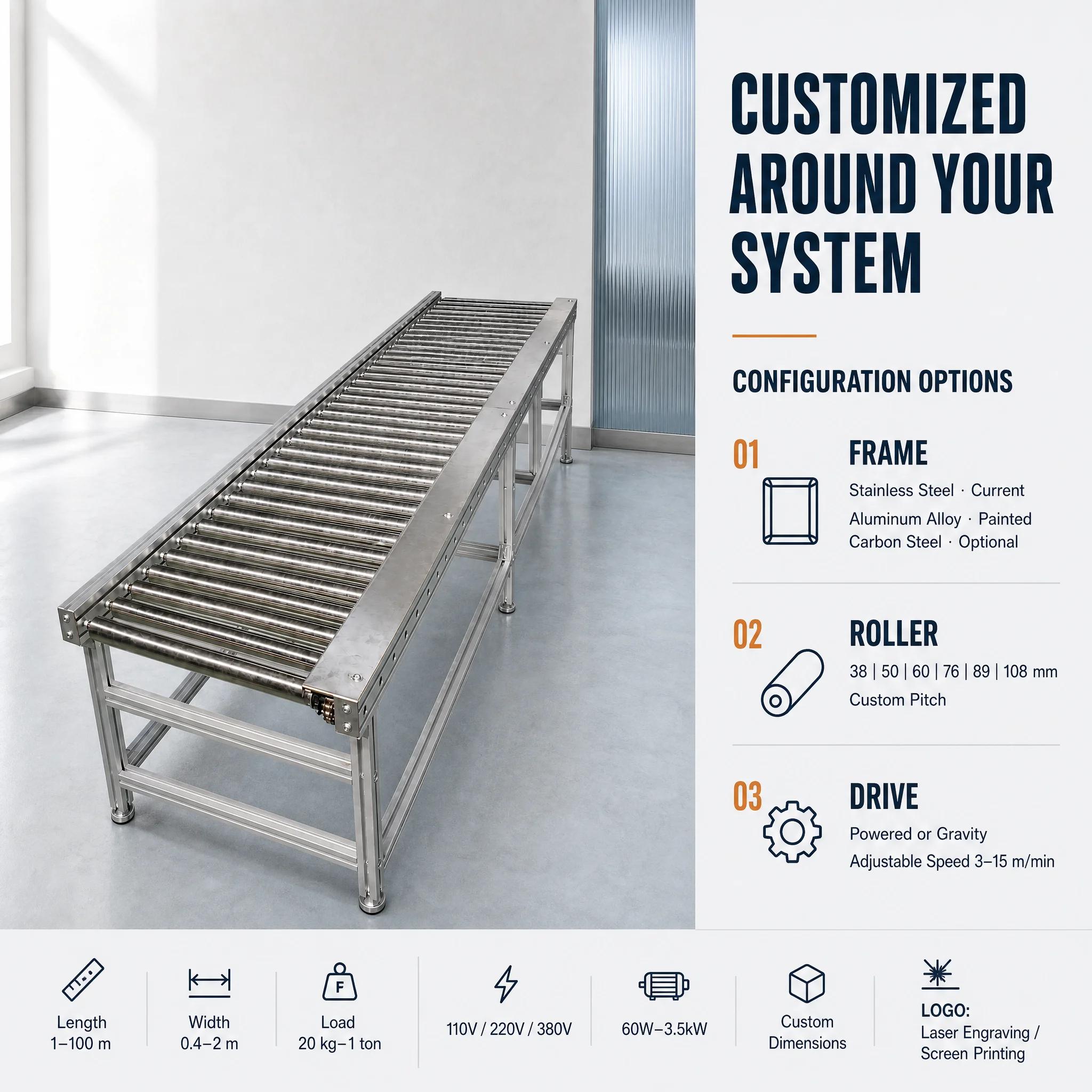 Custom Roller Conveyor with Stainless Steel Frame