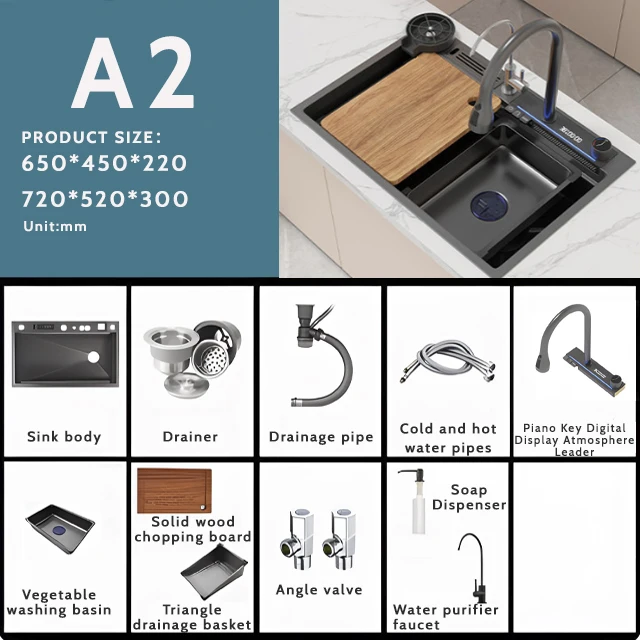 Discount Luxury LED Digital Display Waterfall Kitchen  Smart Kitchen Sink Bathroom Sinks Sink Kitchen