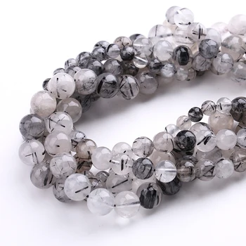 Wholesale natural precious stone loose gemstone round beads black rutilated quartz beads for adjustable bracelet jewelry making