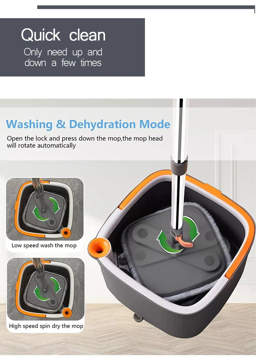 Spin Flat Mop And Bucket With Self Wringing 360 Rotating Square Mop