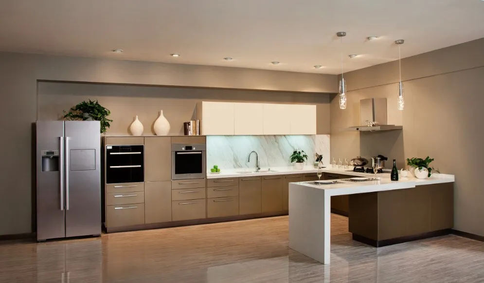 Modern Customized U Shape Wooden Waterfall Island Kitchen Cabinets