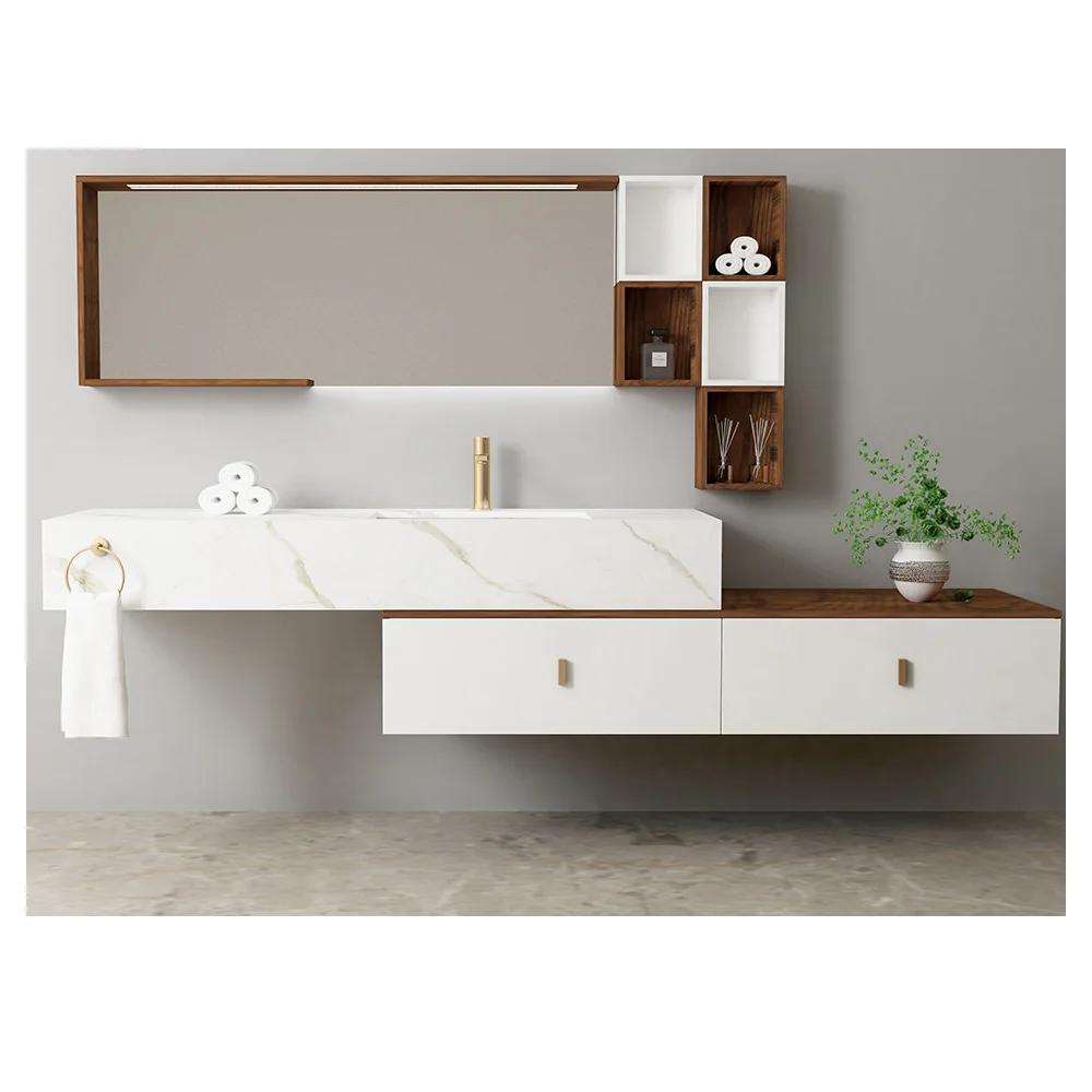 Modern Art Wooden Fancy Mable Pattern Basin Custom Mirror Cabinet Bathroom Cabinet Vanities