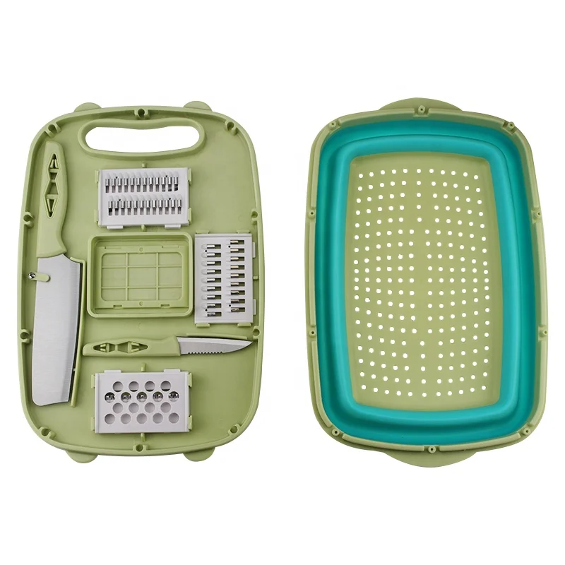 Multifunctional 9 in 1 Foldable Cutting Board With Collapsible Colander and Vegetable Chopper Slicer