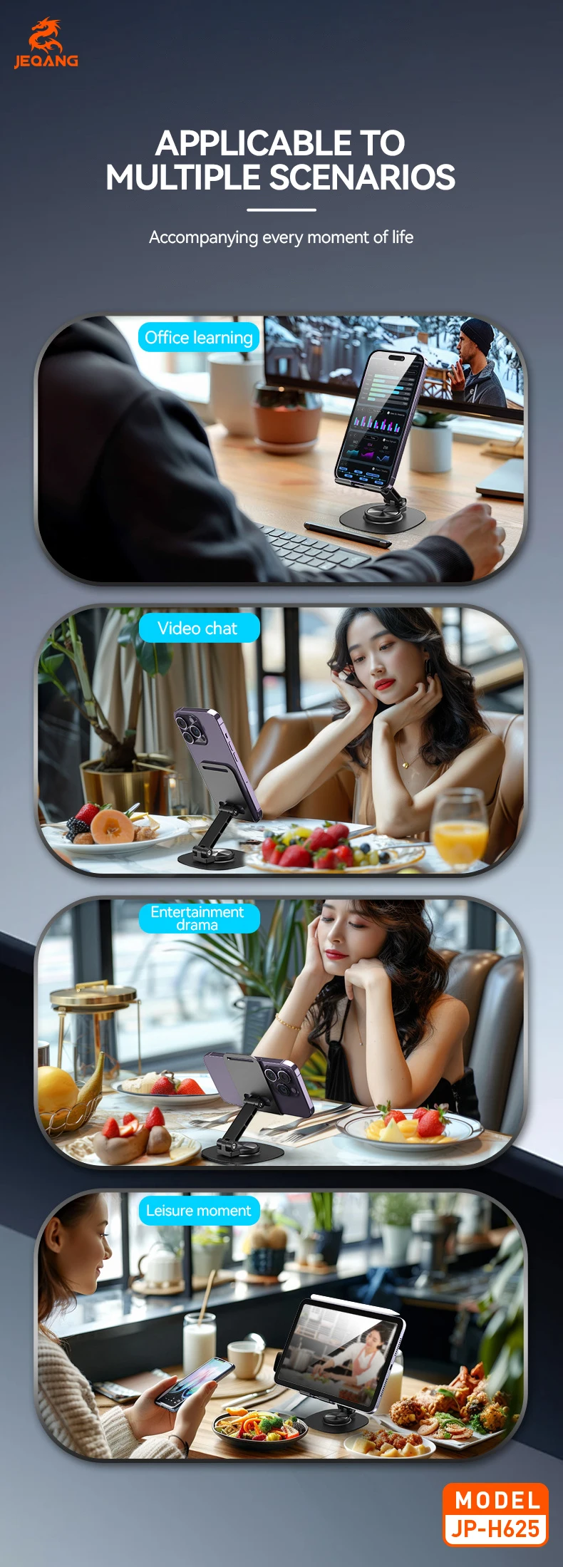 Jeqang JP-H625 Metal Phone Stand Waterproof Flexible Folding Rotation Convenient for Desk Use TV Watching Mobile Phone Access