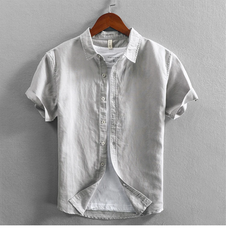 Men's casual cotton and linen short sleeve shirt for men in summer